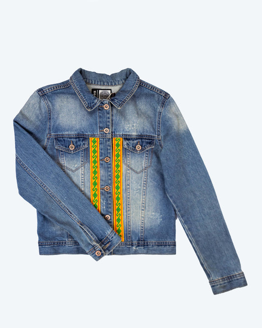 Chaqueta Hombre Jean Tejido Andino Frente + Espalda + semillas - Azul