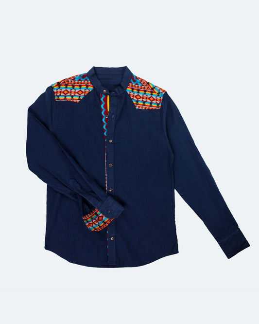 Camisa Lino Manga Larga - Azul